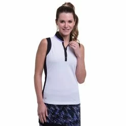 EP NY EP New York Mandarin Collar White Multi Womens Sleeveless Golf Polo